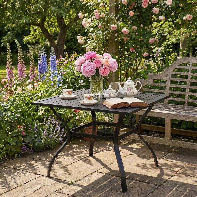 Metal Steel Slat Patio Dining Table Square Backyard Bistro Table Outdoor Furniture Garden Table