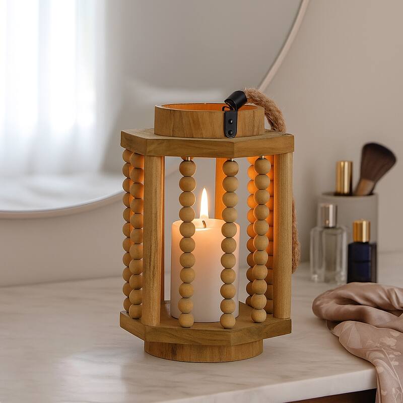 Wood Hurricane Lantern with Rope Handle - Brown, 11 in. - 11.0" - Brown - 11.0"