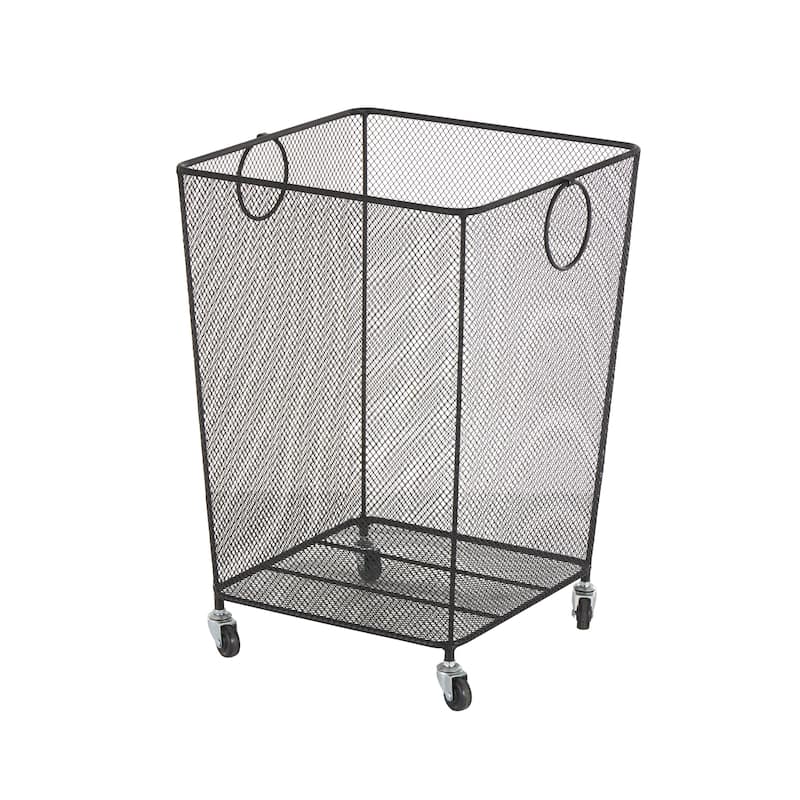 Metal Square Mesh Wire Rolling Laundry Storage Cart with Ring Handles - Black or Gold - Roche River Decor - Black