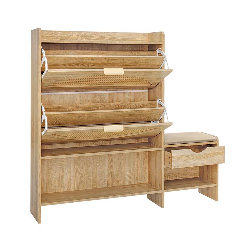 Roomfitters Rattan Shoe Storage Cabinet with Bench and Flip Compartments for Entryway, Light Brown