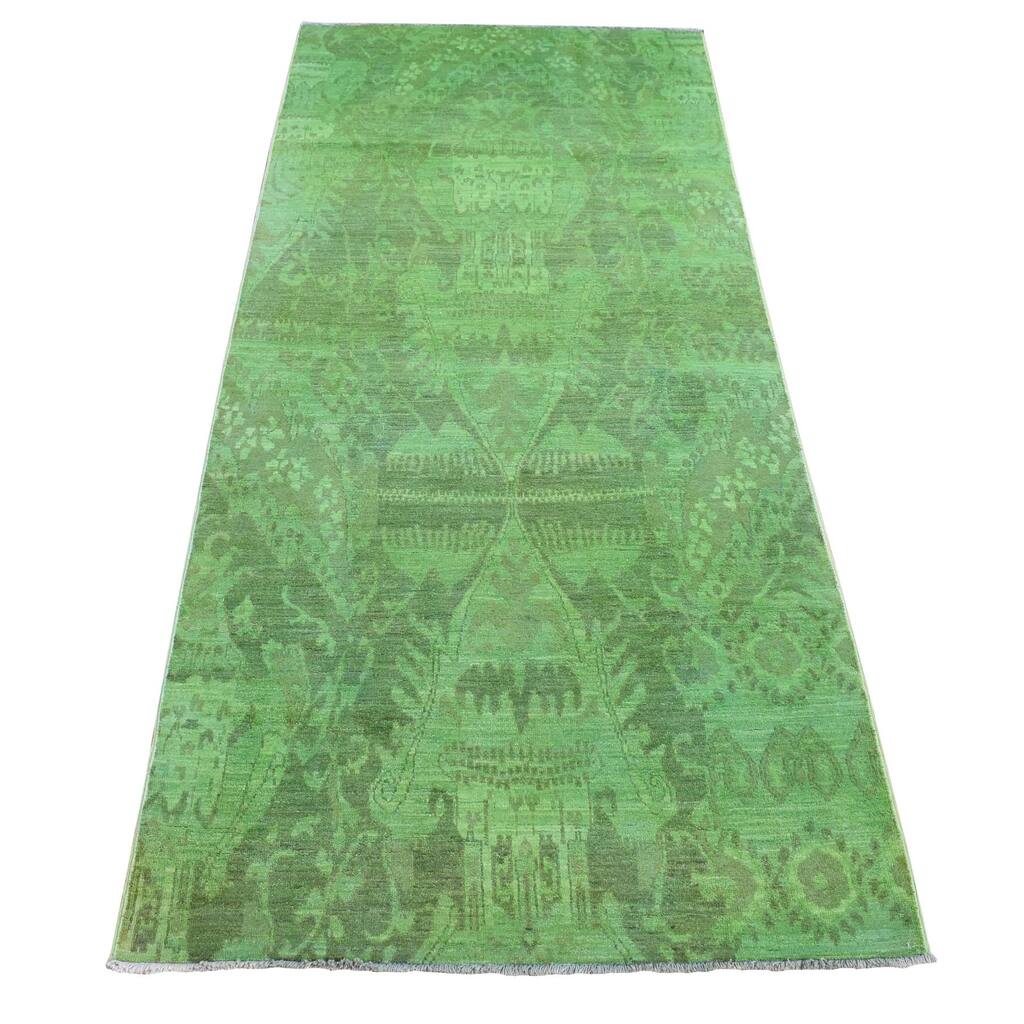 Shahbanu Rugs Avocado Green, On Clearance, Hand Knotted, Overdyed Ikat, Pure Wool, Wide Runner Oriental Rug (4'2" x 10'5")