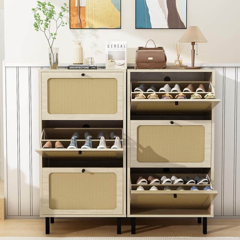 Bohotic Mid-Century Modern Style 3 Flip Drawers Shoe Cabinet Free Standing Shoe Rack for Home Office