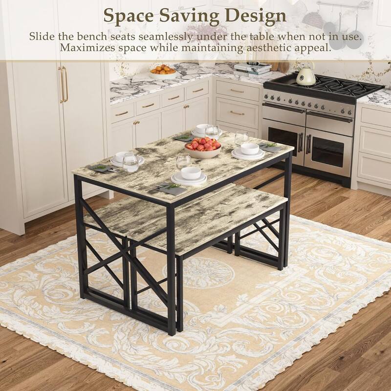 44.3" Dining Table with Benches Kitchen Table set for 4 Rectangular Dining Room Table Set with 2 Metal Wood Benches