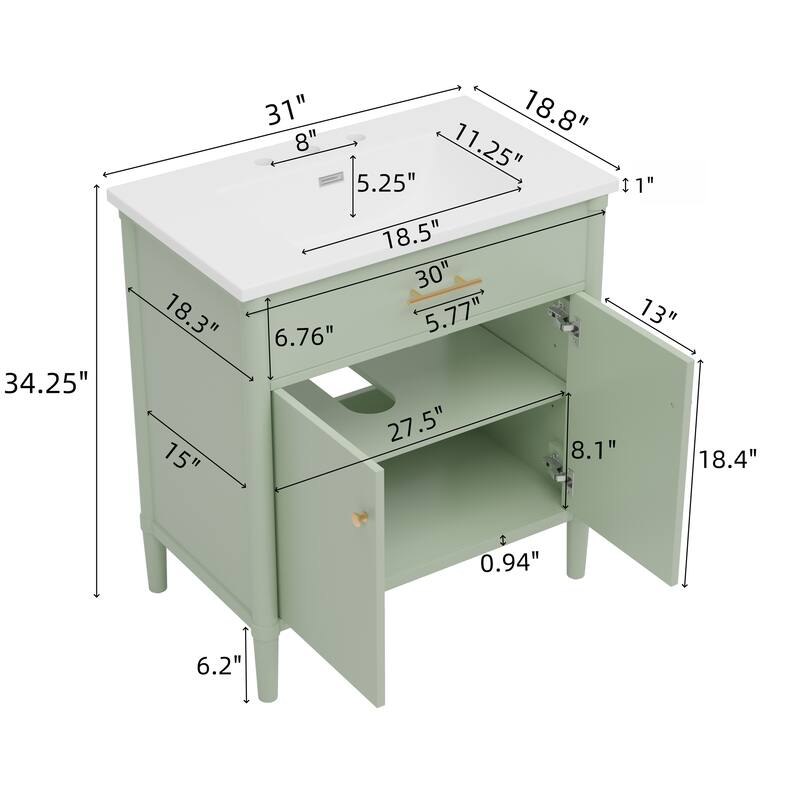 Bathroom Vanity with Ceramic Sink, Wooden Bathroom Storage Cabinet, Bathroom Cabinet with Soft Close Doors & Adjustable Shelf