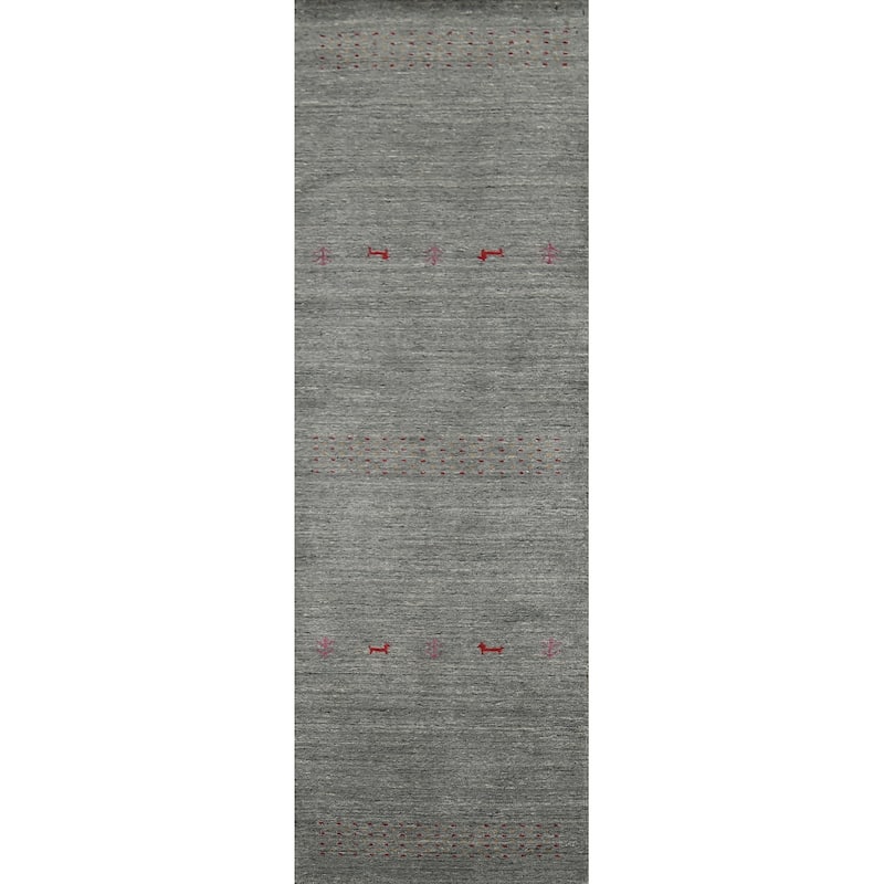 Striped Gabbeh Oriental Runner Rug Hand-Knotted Grey Wool Carpet - 2'3"x 9'7"