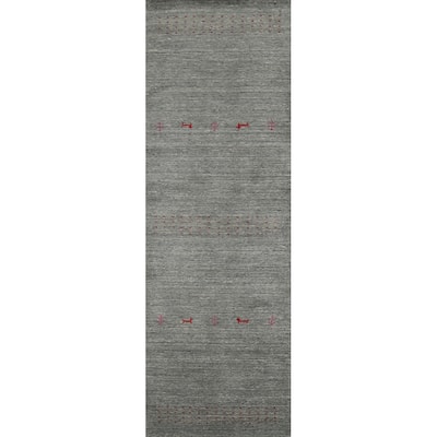 Striped Gabbeh Oriental Runner Rug Hand-Knotted Grey Wool Carpet - 2'3"x 9'7"