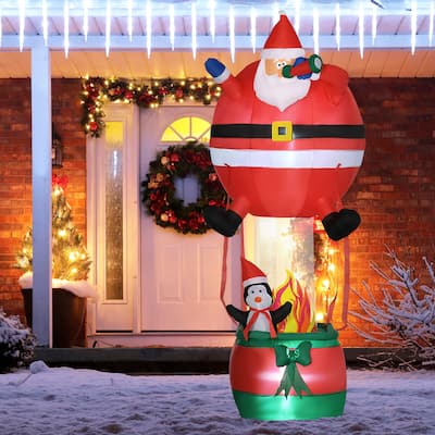 Outsunny 8ft Inflatable Christmas Santa Claus Hot Air Balloon with Penguin, Blow-Up Outdoor LED Yard Display