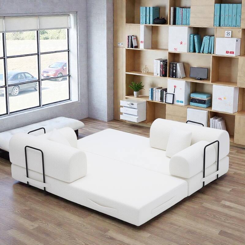 Convertible Sleeper Sofa Bed, 4-in-1 Corduroy Folding Floor Couch with Cylindrical Pillow, 2-Seat Space-Saving Lounge Sofa