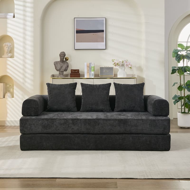 Chenille Floor Sofa Bed - Foldable Mattress Couch with Armrests, Convertible Lounge Chair for Living Room, Bedroom or Studio