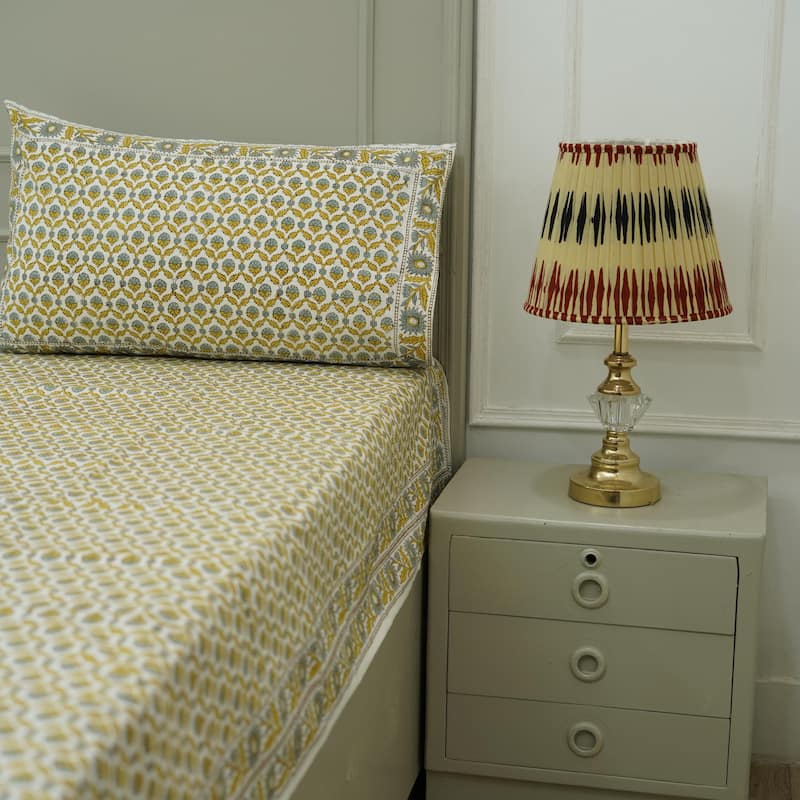 Fabdivine Cotton Hand Block Floral Flat Sheet Bed Room Home Décor Accent Gift - Shehjan- Yellow, Grey - Queen