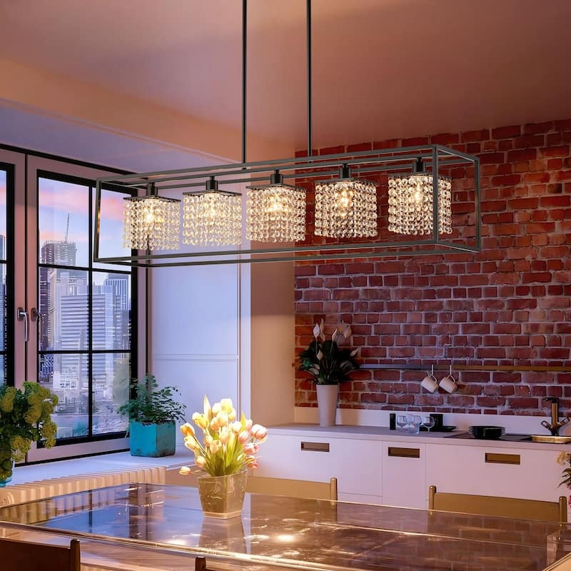5-Light Modern Black Glam Rectangular Island Large Crystal Chandelier - 39.37 in. W x 8.66 in. D x 8.66 in. H