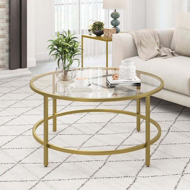 Tempered Glass Round Coffee Table with Metal Frame and 110 lbs Capacity - 35.5" x 35.5" x 18"