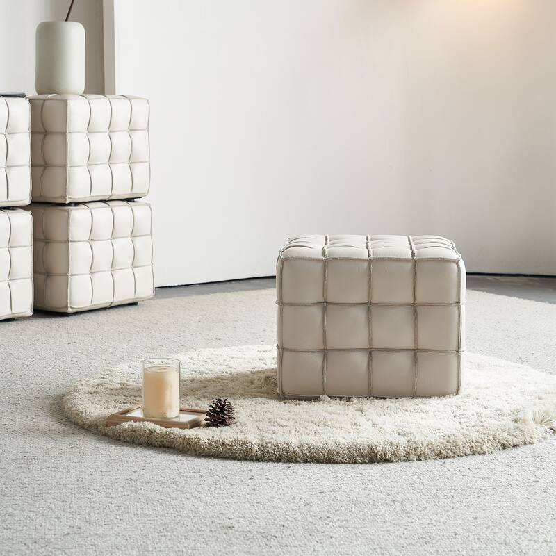 Genuine Leather Tufted Ottoman, High-density Foam Square Footstool, Upholstered Shoe Stool for Living Room, Bedroom