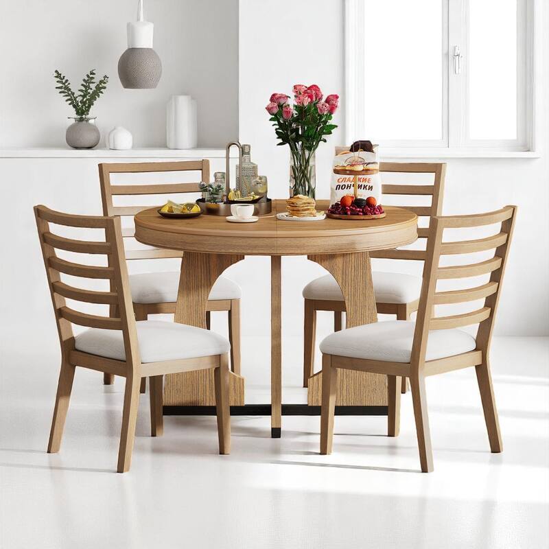 Retro 5-Piece Round Dining Table Set with Leaf Extension and Upholstered Chairs for Kitchen