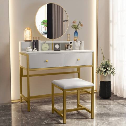 Vanity Set with Round Mirror and Cushioned Stool 4 Drawers - White/gold