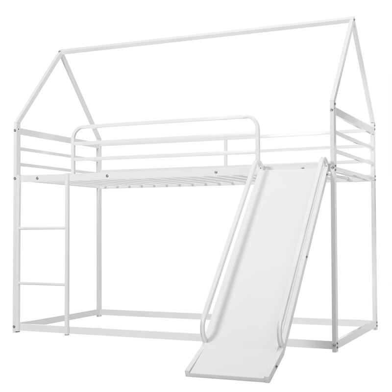 Metal Twin Over Twin Bunk Bed with Ladder and Slider, Sturdy and Safe Design
