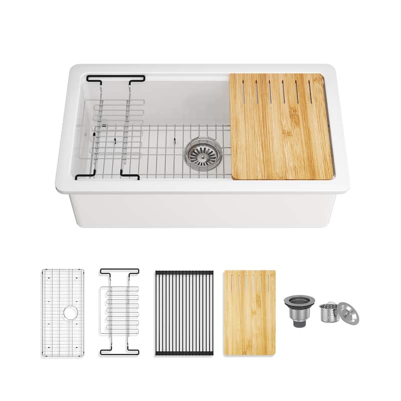 33 in. Undermount Single Bowl Fireclay Workstation Kitchen Sink with Drying Rack & Cutting Board - Includes Accessories