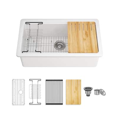 33 in. Undermount Single Bowl Fireclay Workstation Kitchen Sink with Drying Rack & Cutting Board - Includes Accessories