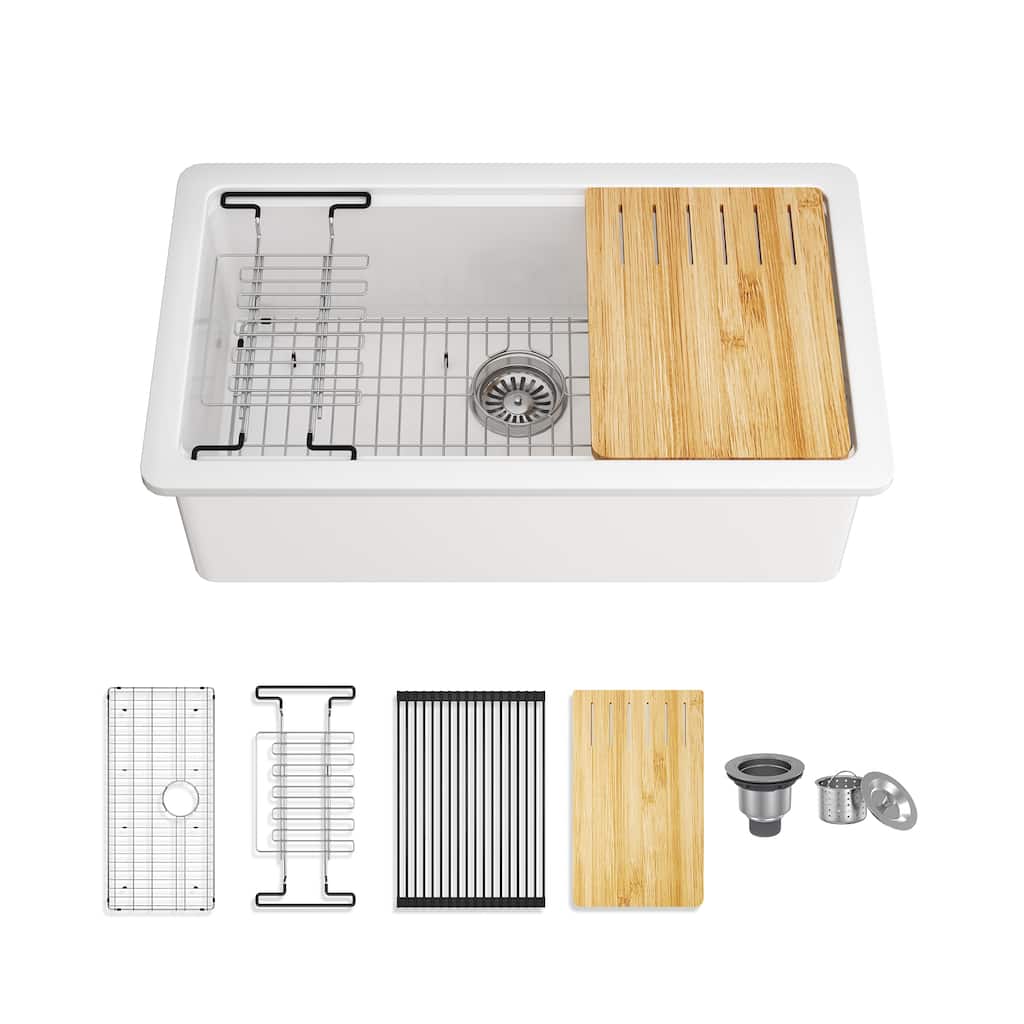 33 in. Undermount Single Bowl Fireclay Workstation Kitchen Sink with Drying Rack & Cutting Board - Includes Accessories