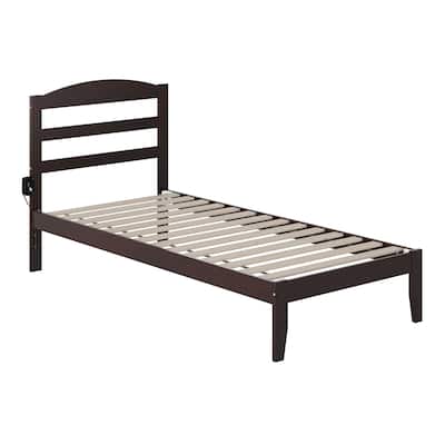 Twin XL Platform Bed - Solid Wood Espresso Finish, Minimalist Design with Headboard & Charging Station