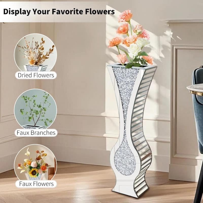 27" Tall Silver Mirrored Floor Vase Glam Crushed Diamond Vases
