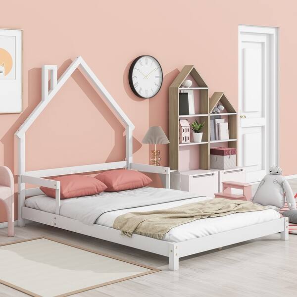slide 2 of 9, White Full Size Pine House-Shaped Headboard Floor Bed with Handrails Full - White
