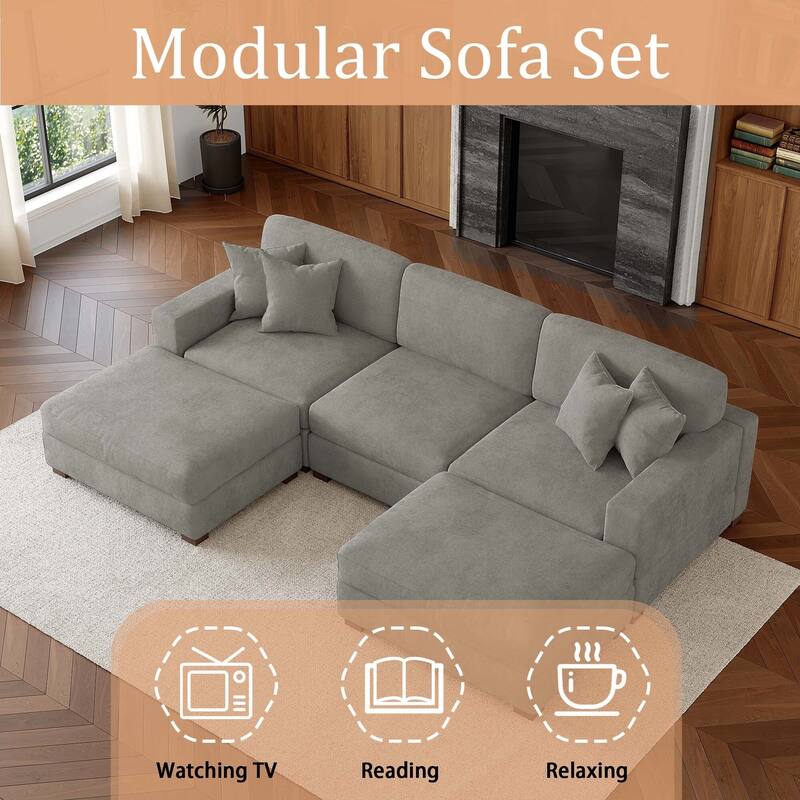 Oversized Chenille Modular Sectional Sofa Conversation Set with 2 Ottomans