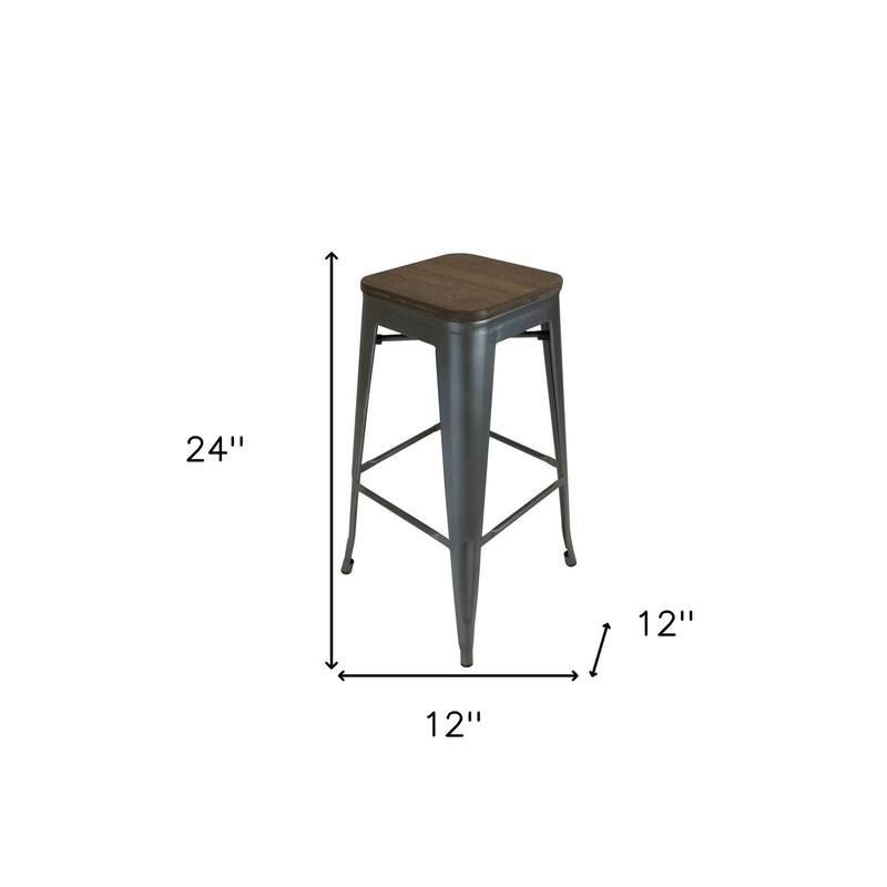HomeRoots Set of Four 26" Brown and Gunmetal Solid Wood and Metal Backless Counter Height Bar Chairs