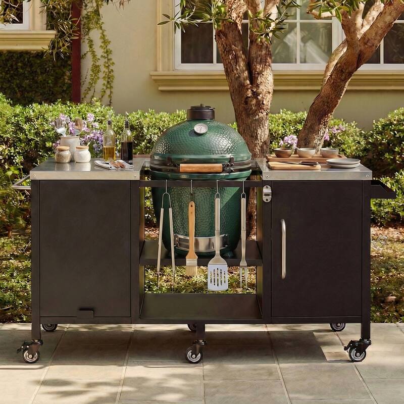 72.4"Large Grill Table for Large Big Green Egg,Metal Outdoor Grill Cart with Fold-out Prep Table,Adjustable Shelves,Spice Rack