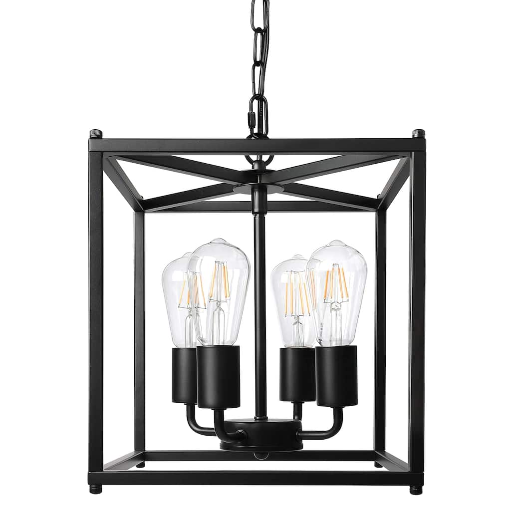 4-Light Black Farmhouse Chandelier, Iron Lantern Pendant Light Rustic Cage Adjustable Height, E26 Base Industrial Hanging Lights