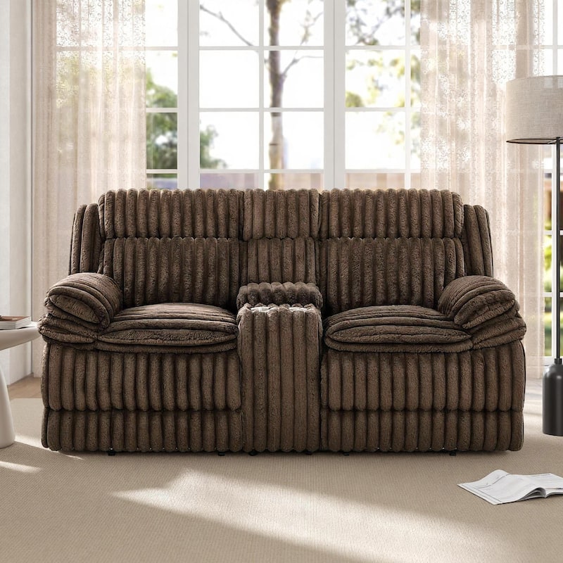 Roundhill Furniture Ardello Manual Reclining Loveseat with Wide-Wale Corduroy Upholstery and Storage Console, Chocolate