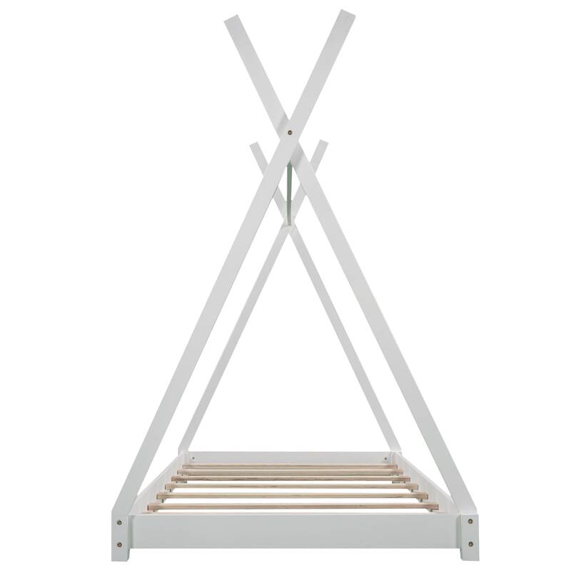 Wooden Twin Size House Platform Bed with Triangle Structure, Solid Wood Kids Bed Frame for Girls or Boys, No Box Spring Needed