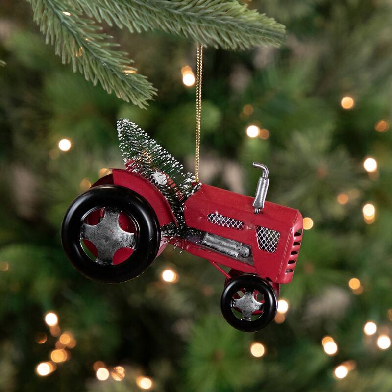 Metal Tractor with Frosted Tree Christmas Ornament - 3" - Red and Silver