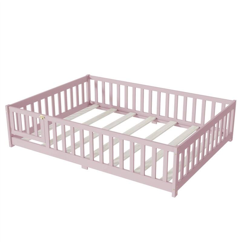 Twin/Full/Queen Size Floor Bed with Fence Guardrails and Door, Rubber Wood Toddler Bed Montessori Bed with Slats Support
