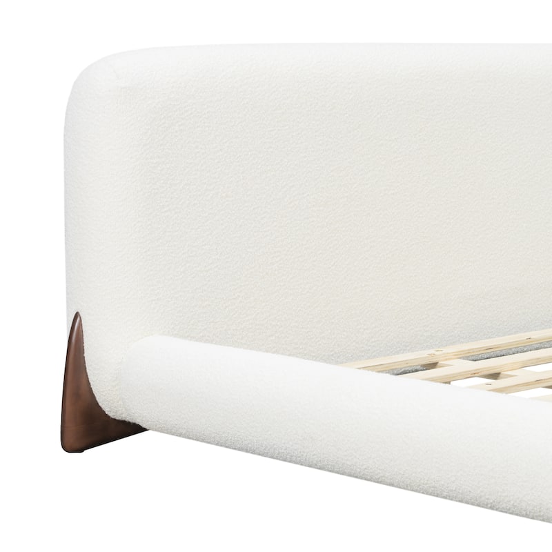 White Upholstered Low-Profile Platform Bed with Boucle Thick Headboard, Solid Wood Legs Grounded Bed Frame, Floor Bed