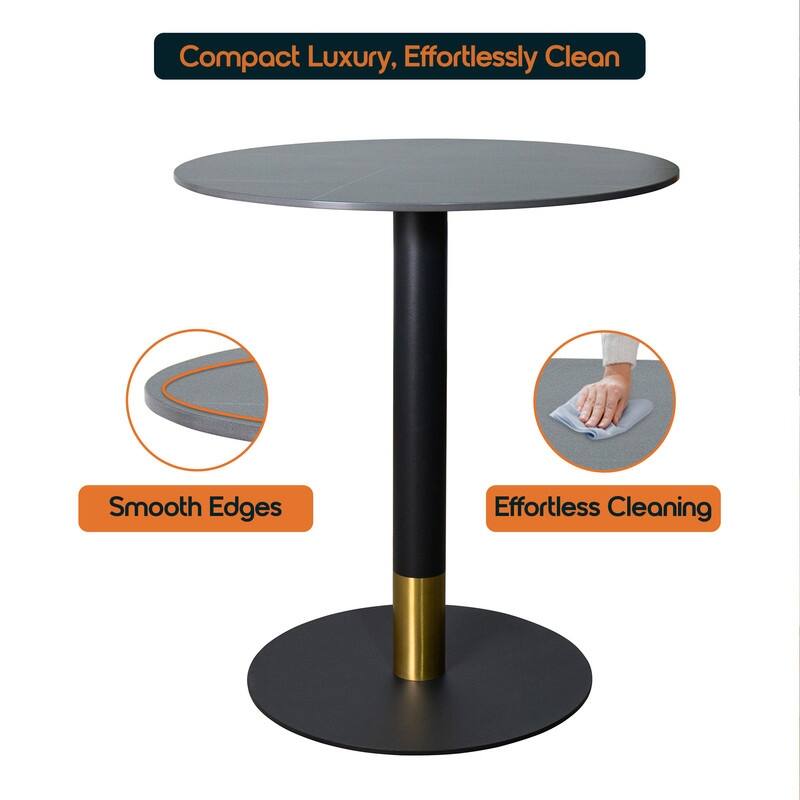 Vail Round Dining Table 27 in. Sintered Stone Tabletop in Black Stainless Steel Round Pedestal Base with Gold Accents