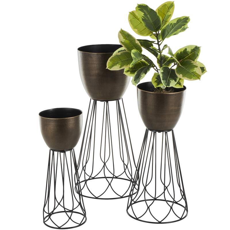 Bronze Metal Textured Indoor Outdoor Planter with Black Wire Cone Shaped Bases (Set of 3)