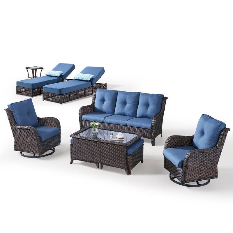 Gymojoy Luxury Outdoor Wicker Patio Furniture with 3 Seat Sofa, Chaise Lounge Chair，Swivel Chair, Rattan Coversation Set