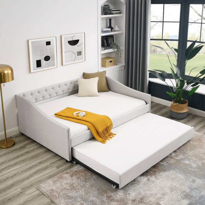 Full Size Daybed with Twin Size Trundle Upholstered Tufted Sofa Bed, with Button on Back and Copper Nail on Waved Shape Arms