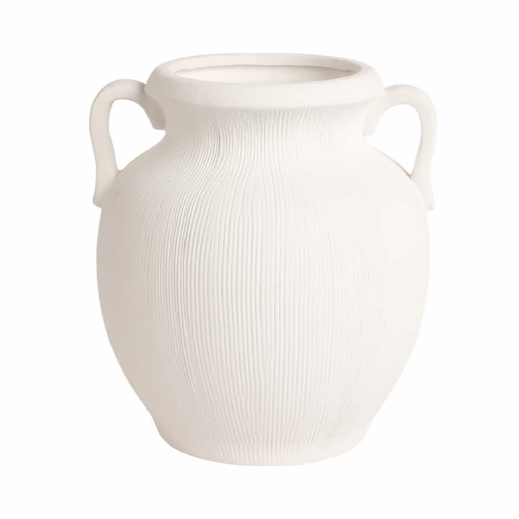 Stoneware Vase Ribbed Surface Sculptural Side Handles Textural Design