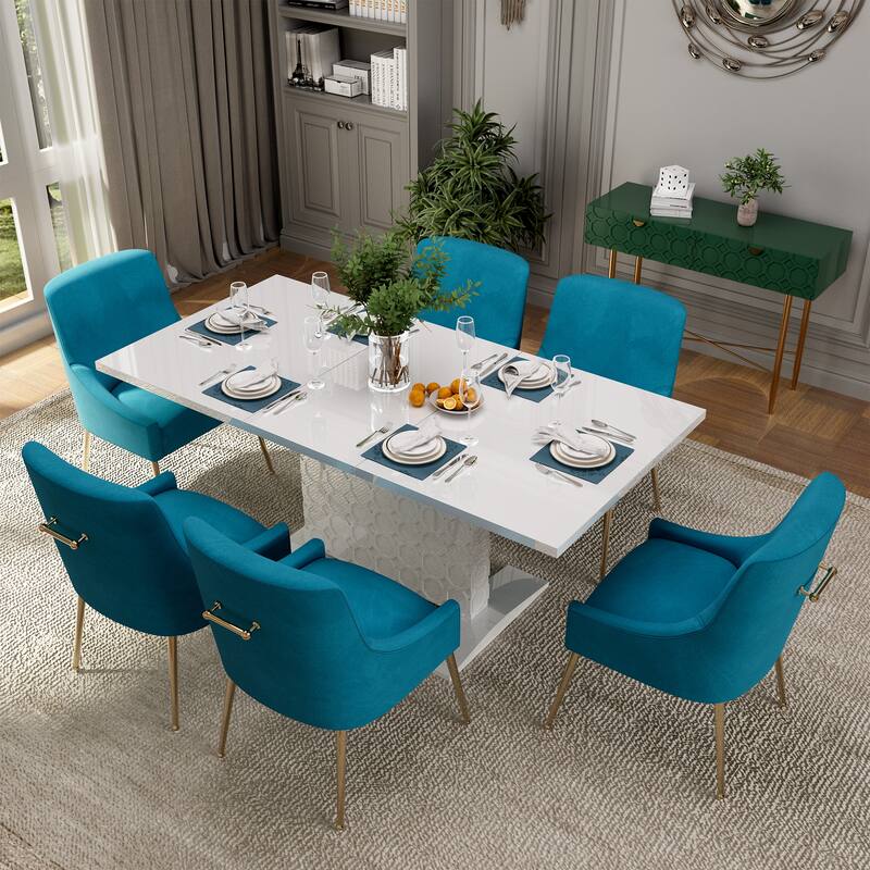 7-Piece Clihome High-gloss Extendable Table Velvet Chair Dining Set