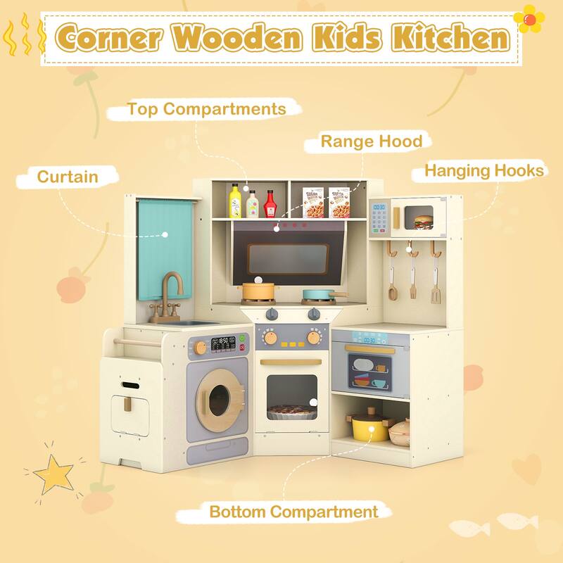 Gymax Corner Kitchen w/ Lights & Sounds Interactive Wooden Playset for