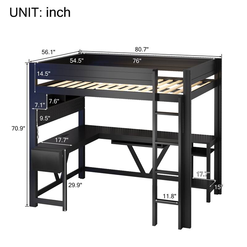 Wooden LED Gaming Loft Bed with Built In L Shaped Desk, Full Size High Loftbed Frame with Storage Shelves and Charging Station