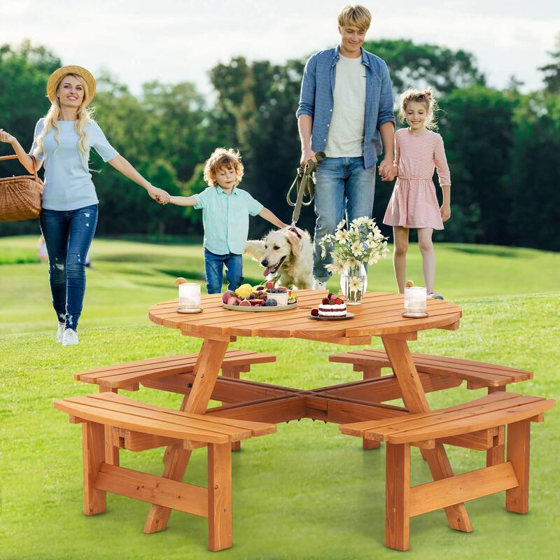 Costway 8-Person Round Picnic Table Set with 4 Built-in Benches 2" - See Details