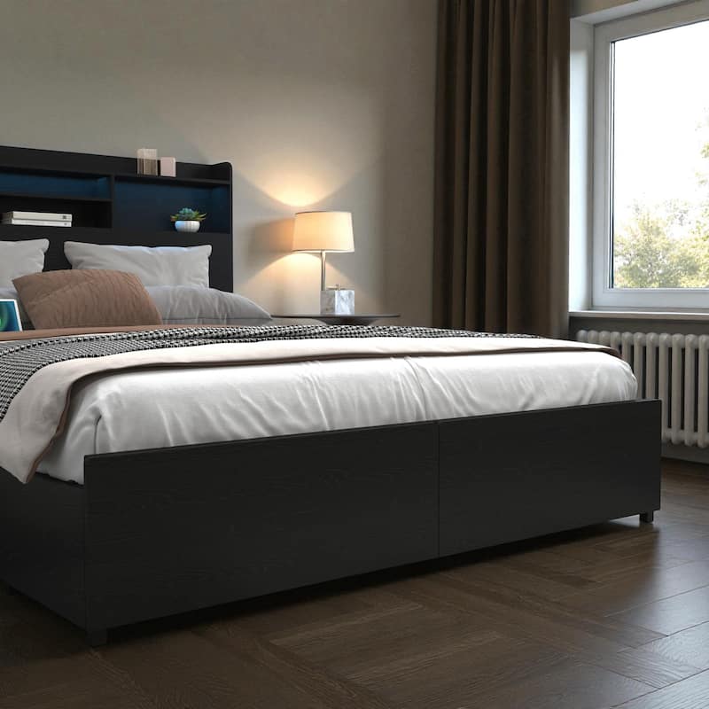 Bed Frame with 6 Storage Drawers, LED Headboard Shelf, Fast Charging Station, Heavy Duty Metal Platform No Box Spring Needed