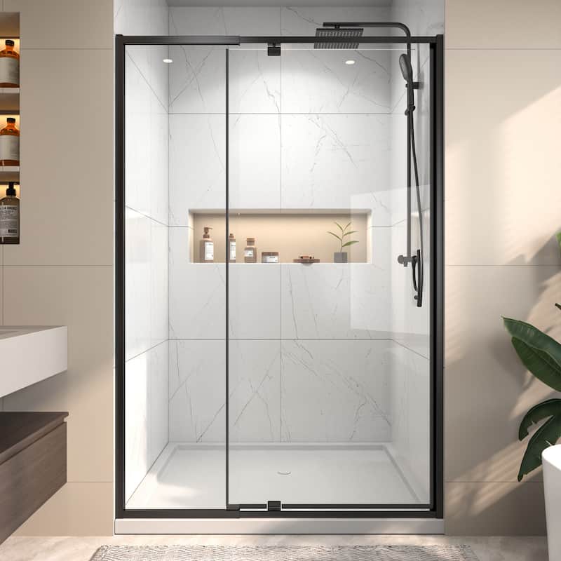 48" Wx71" H Frameless Pivot Shower Door with Clear Tempered Glass, Adjustable Width