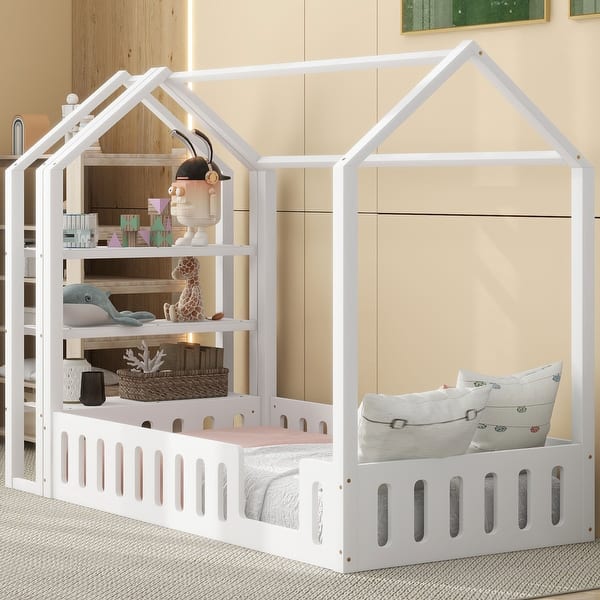 slide 2 of 38, Twin House Bed with Fence and Detachable Shelving Twin White