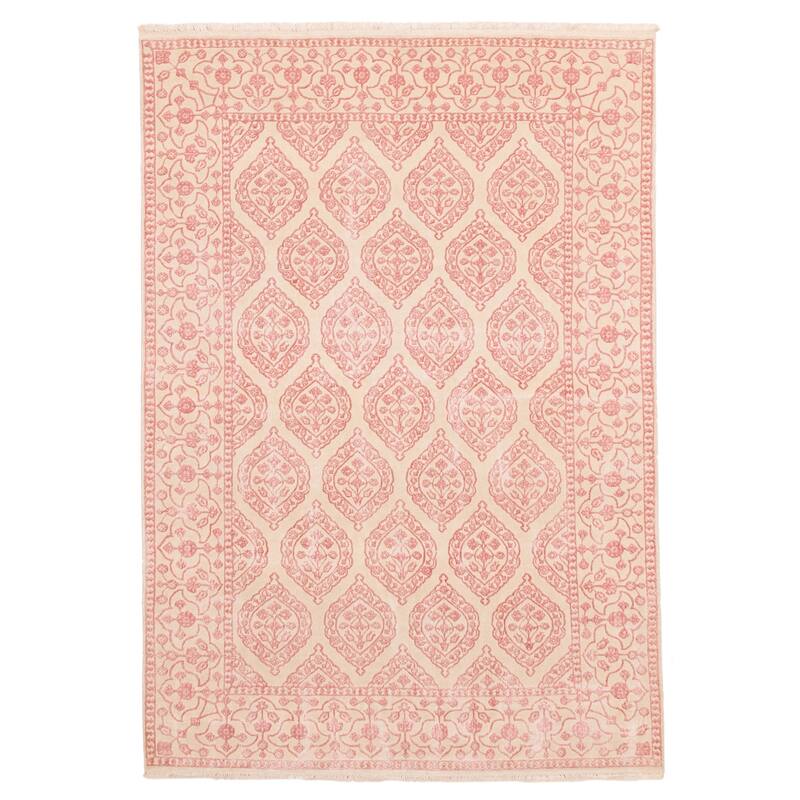 ECARPETGALLERY Hand-knotted Mirzapur Dark Pink, Ivory Silk, Wool Rug - 5'7 x 7'10