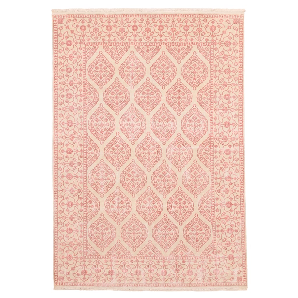 ECARPETGALLERY Hand-knotted Mirzapur Dark Pink, Ivory Silk, Wool Rug - 5'7 x 7'10