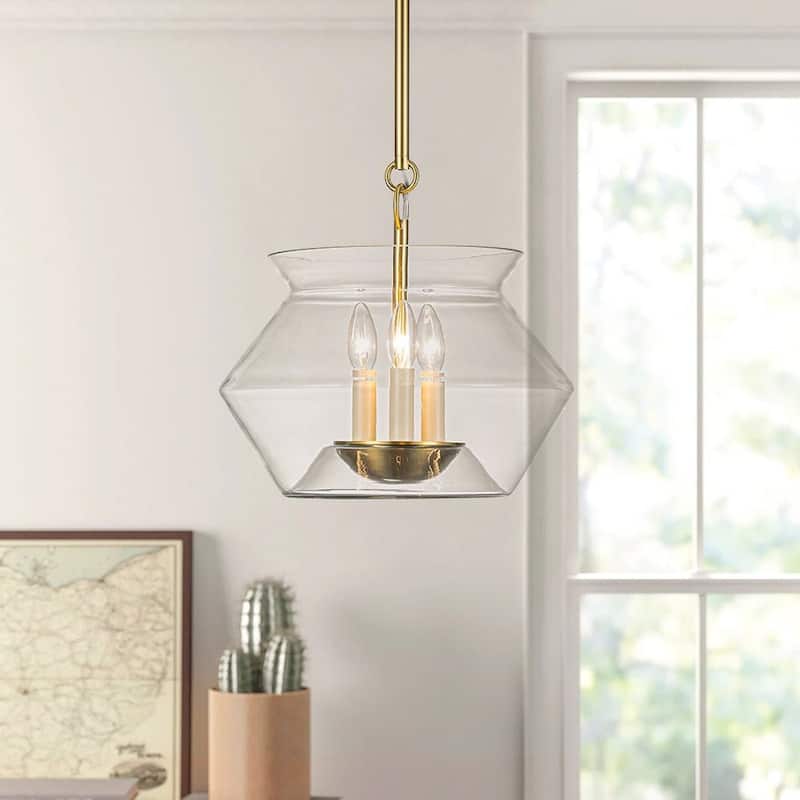 Modern 3-Light Candle-Style Sculptural Clear Glass Pendant - Brass